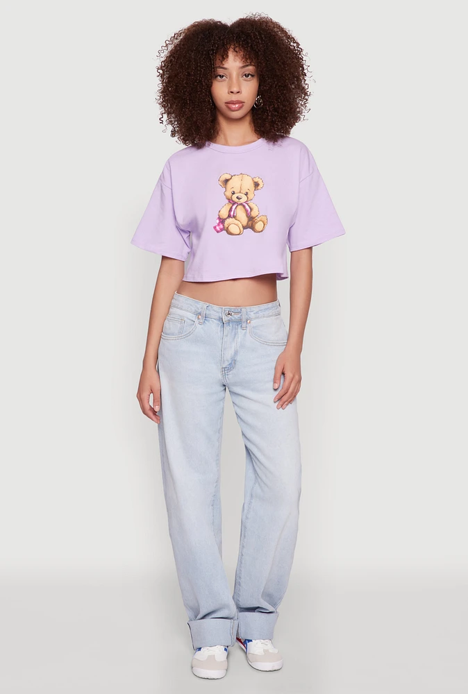 Womens Bear Graphic Cropped Tee, Purple,