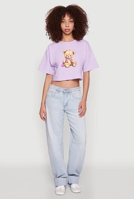 Womens Bear Graphic Cropped Tee, Purple,