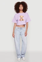 Womens Bear Graphic Cropped Tee, Purple,