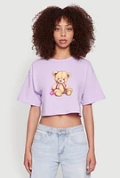 Womens Bear Graphic Cropped Tee, Purple,