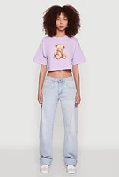 Womens Bear Graphic Cropped Tee, Purple,