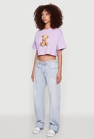 Womens Bear Graphic Cropped Tee, Purple,