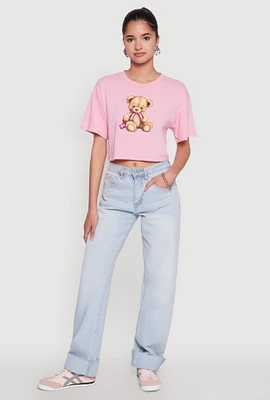 Womens Bear Graphic Cropped Tee, Pink, Size L