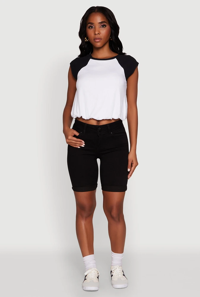 Womens Madden Girl Raglan Sleeve Bubble Hem Crop Top, Multi, Size M