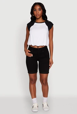 Womens Madden Girl Raglan Sleeve Bubble Hem Crop Top, Multi, Size M