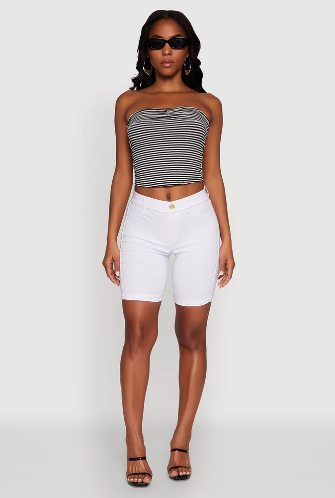 Womens Madden Girl Striped Fold Over Cropped Tube Top, Black, Size S