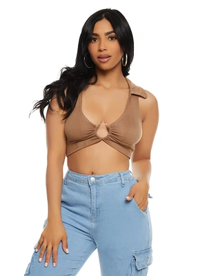 Womens Almost Famous Collared Cropped Halter Top, Brown, Size L