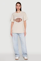 Womens Almost Famous Rhinestone Graphic T-Shirt, Beige, Size XL