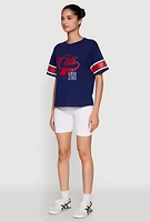 Womens Almost Famous Graphic Varsity T Shirt, Blue, Size M