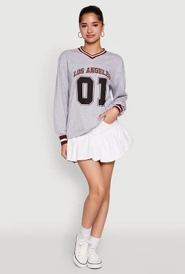 Womens Almost Famous Varsity Graphic Long Sleeve Top, Grey, Size XL