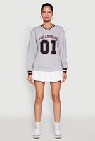 Womens Almost Famous Varsity Graphic Long Sleeve Top, Grey, Size XL