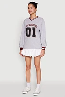 Womens Almost Famous Varsity Graphic Long Sleeve Top, Grey, Size XL