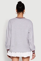 Womens Almost Famous Varsity Graphic Long Sleeve Top, Grey, Size XL