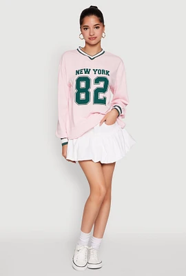 Womens Almost Famous Varsity Graphic Long Sleeve Top, Pink, Size XL