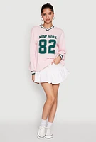 Womens Almost Famous Varsity Graphic Long Sleeve Top, Pink, Size XL