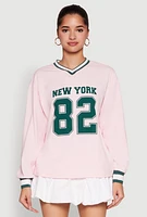 Womens Almost Famous Varsity Graphic Long Sleeve Top, Pink, Size XL