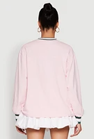 Womens Almost Famous Varsity Graphic Long Sleeve Top, Pink, Size XL