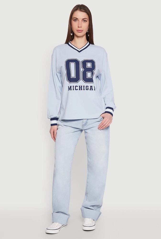 Womens Almost Famous Varsity Graphic Long Sleeve Top, Blue,
