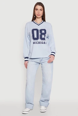 Womens Almost Famous Varsity Graphic Long Sleeve Top, Blue,