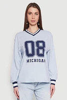 Womens Almost Famous Varsity Graphic Long Sleeve Top, Blue,