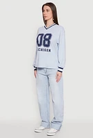 Womens Almost Famous Varsity Graphic Long Sleeve Top, Blue,