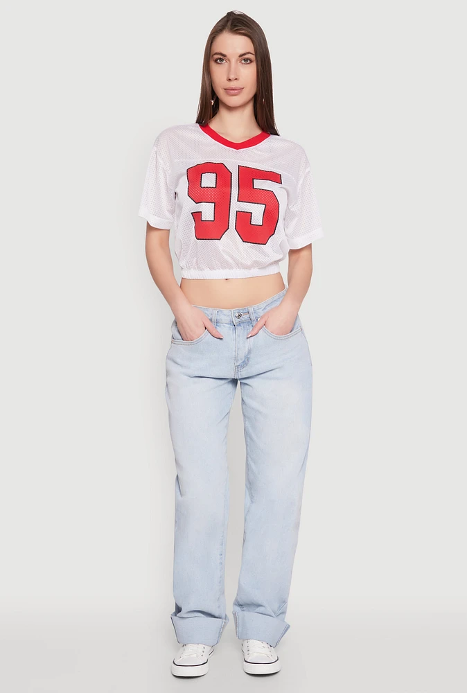 Womens Almost Famous Graphic Jersey Mesh Crop Top, White, Size S