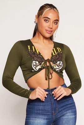 Womens Graphic Double Tie Front Crop Top, Green, Size XL