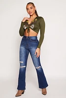 Womens Graphic Double Tie Front Crop Top, Green, Size L