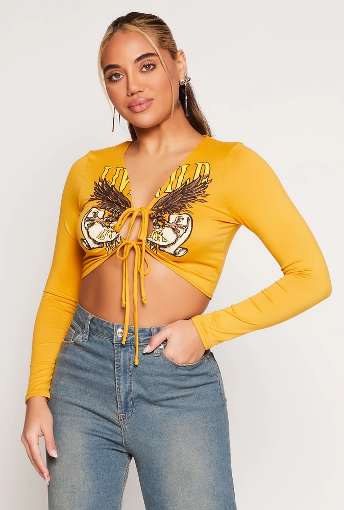 Womens Graphic Double Tie Front Crop Top, Yellow, Size XL