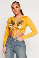 Womens Graphic Double Tie Front Crop Top, Yellow, Size XL