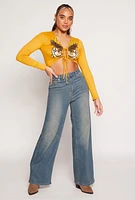 Womens Graphic Double Tie Front Crop Top, Yellow, Size XL