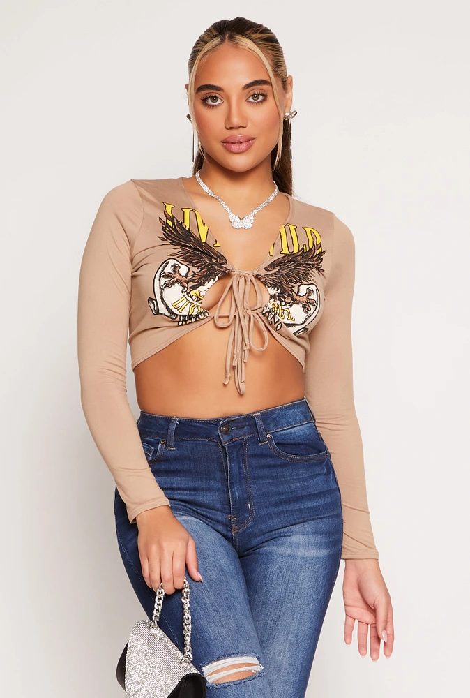 Womens Graphic Double Tie Front Crop Top,