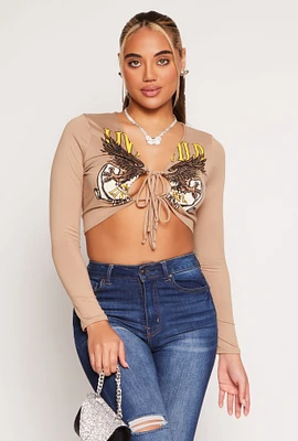 Womens Graphic Double Tie Front Crop Top, Beige, Size XL