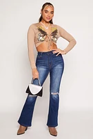 Womens Graphic Double Tie Front Crop Top, L