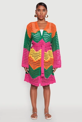 Womens Crochet Chevron Tie Waist Cardigan, Multi, Size M