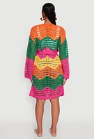 Womens Crochet Chevron Tie Waist Cardigan, Multi, Size M