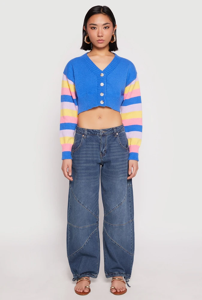 Womens Daisy Striped Sleeve Cropped Cardigan, Blue, Size L