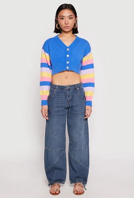 Womens Daisy Striped Sleeve Cropped Cardigan, Blue, Size L