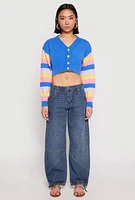 Womens Daisy Striped Sleeve Cropped Cardigan, Blue, Size L