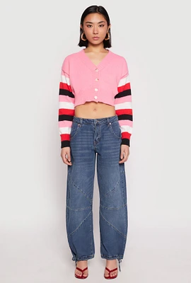 Womens Daisy Striped Sleeve Cropped Cardigan, Pink,