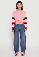 Womens Daisy Striped Sleeve Cropped Cardigan, Pink,