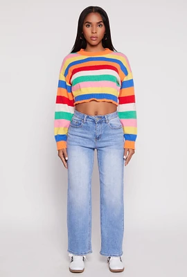 Womens Daisy Striped Brushed Knit Cropped Sweater, Multi, Size L