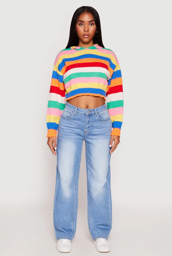 Womens Daisy Striped Cropped Hooded Sweater, Multi, Size S