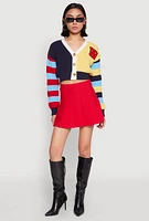 Womens Daisy Chenille Patch Color Blocked Cropped Cardigan, Multi,