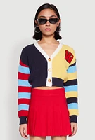 Womens Daisy Chenille Patch Color Blocked Cropped Cardigan, Multi,