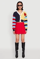 Womens Daisy Chenille Patch Color Blocked Cropped Cardigan, Multi,