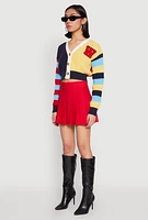 Womens Daisy Chenille Patch Color Blocked Cropped Cardigan, Multi,