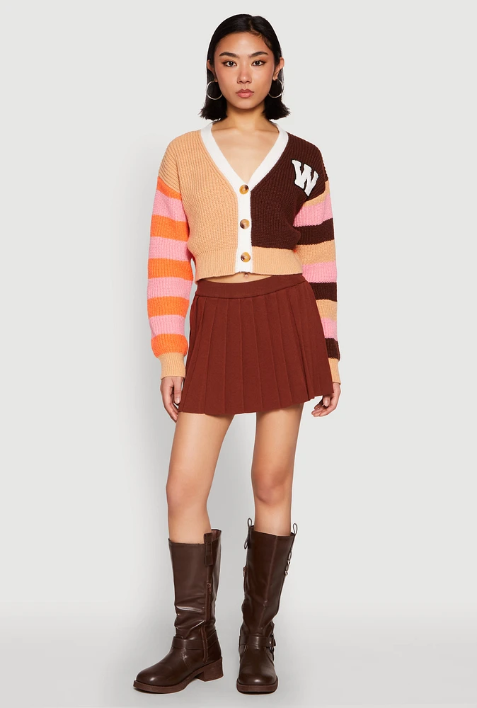 Womens Daisy Chenille Patch Color Blocked Cropped Cardigan, Multi,
