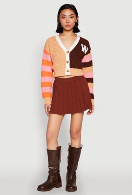 Womens Daisy Chenille Patch Color Blocked Cropped Cardigan, Multi,