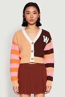 Womens Daisy Chenille Patch Color Blocked Cropped Cardigan, Multi,